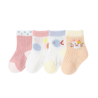 Baby Cartoon Graphic Breathable Mesh 1bag=4pairs Socks-2