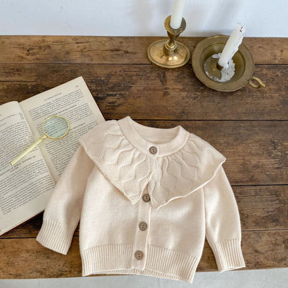 Baby Girl Solid Color Lapel Design Knit Cardigan-2