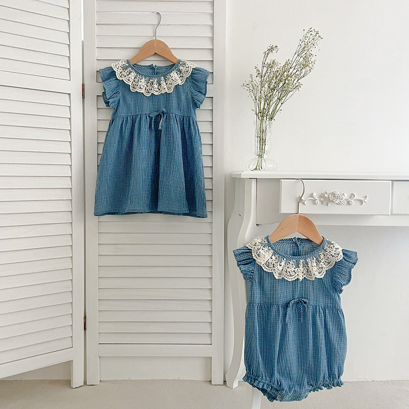 New Arrival Summer Girls Blue Plaid Noble Lace Floral Collar Fly Sleeves Onesies And Dress – Princess Sister Matching Set-1