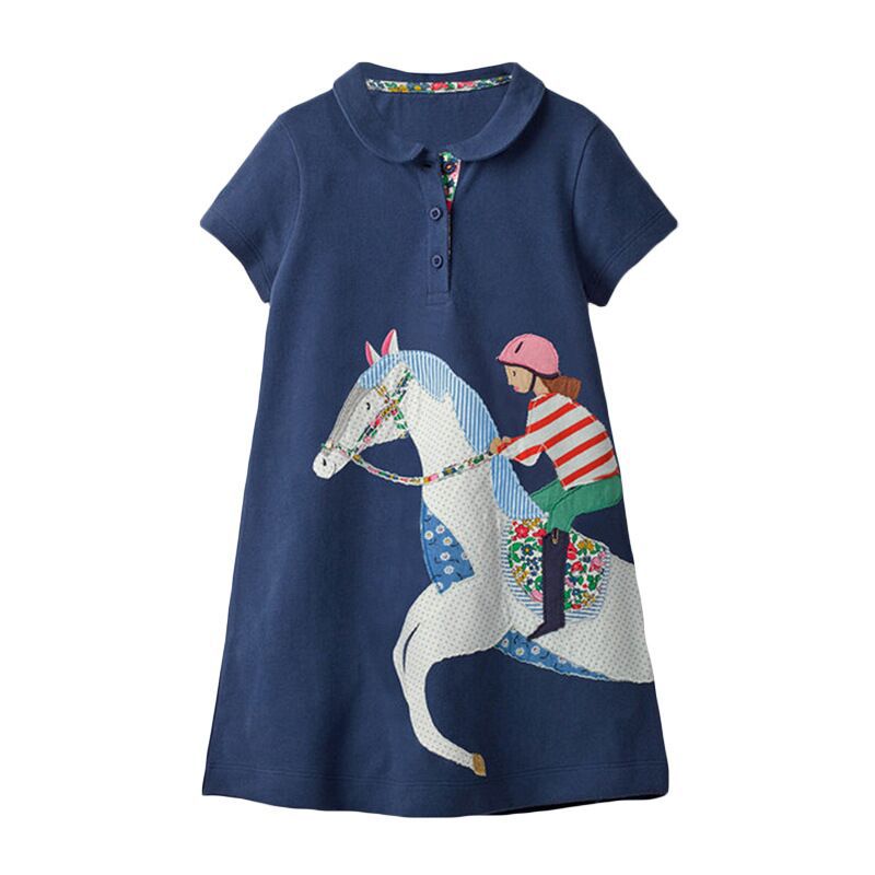 Summer New Arrival Girls Short Sleeves Horse Racing Cartoon Turn-Down Collar Dress-2