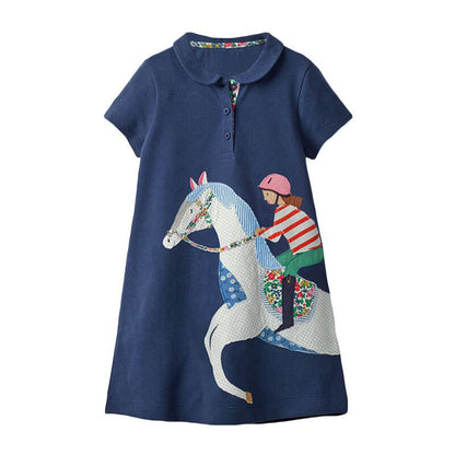 Summer New Arrival Girls Short Sleeves Horse Racing Cartoon Turn-Down Collar Dress-2