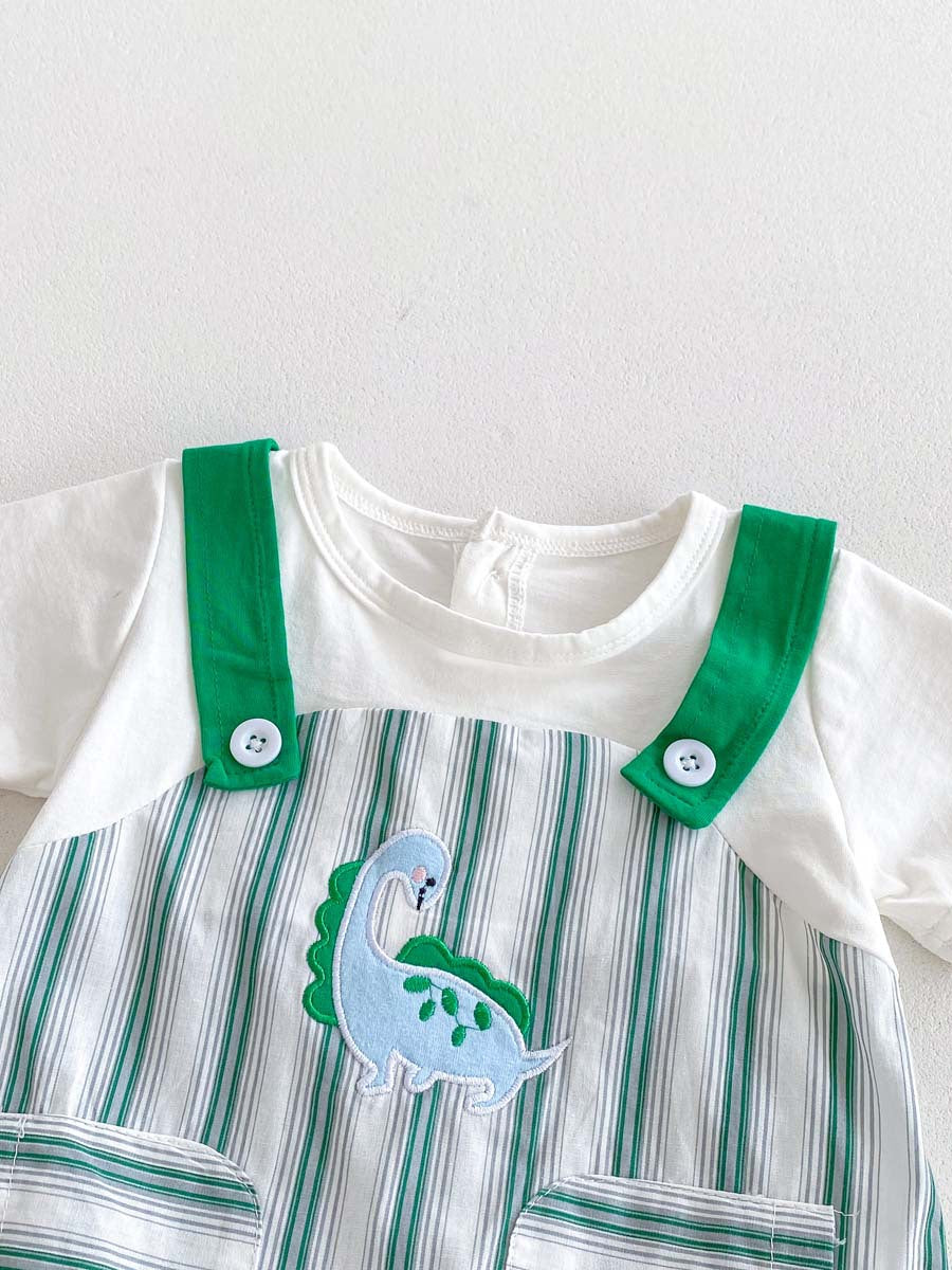 New Design Summer Baby Unisex Green Striped Sleeveless Overalls Onesies And Short Sleeves T-Shirt Clothing Set-2