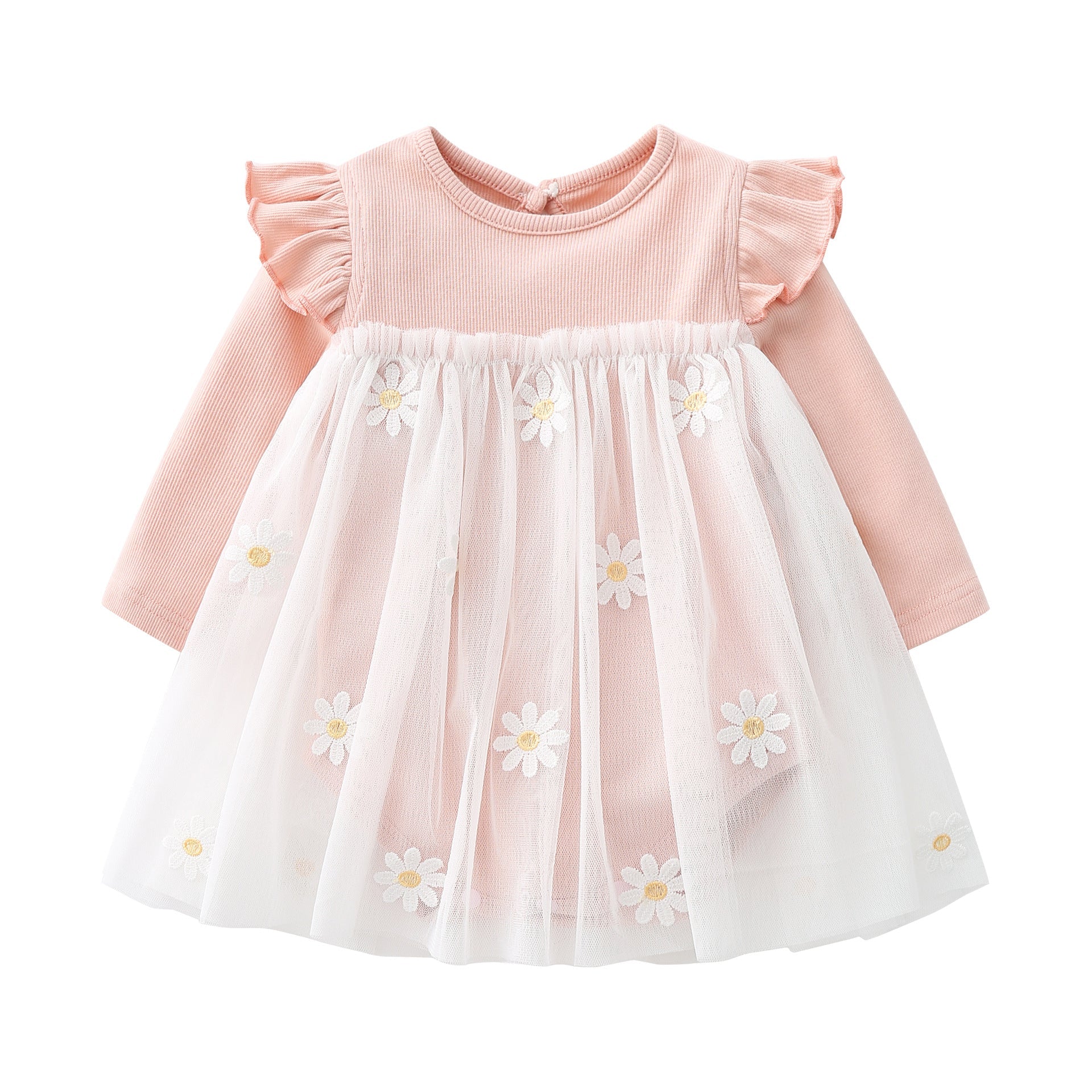 Baby Girls Floral Lace Patchwork Design Ruffle Long-Sleeved Dress Onesies In Spring &amp; Autumn-0