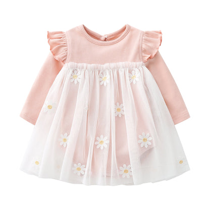 Baby Girls Floral Lace Patchwork Design Ruffle Long-Sleeved Dress Onesies In Spring &amp; Autumn-0