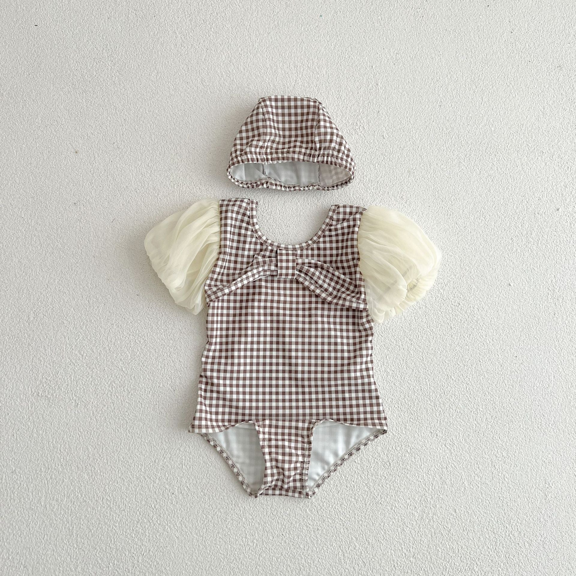 Baby Girl Plaid Pattern Mesh Sleeves Patchwork Swimwear With Hats-2