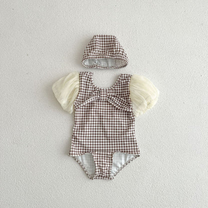 Baby Girl Plaid Pattern Mesh Sleeves Patchwork Swimwear With Hats-2