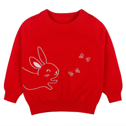 Baby Girl Cute Bunny Embroidery Graphic Solid Color O-Neck Sweater-2