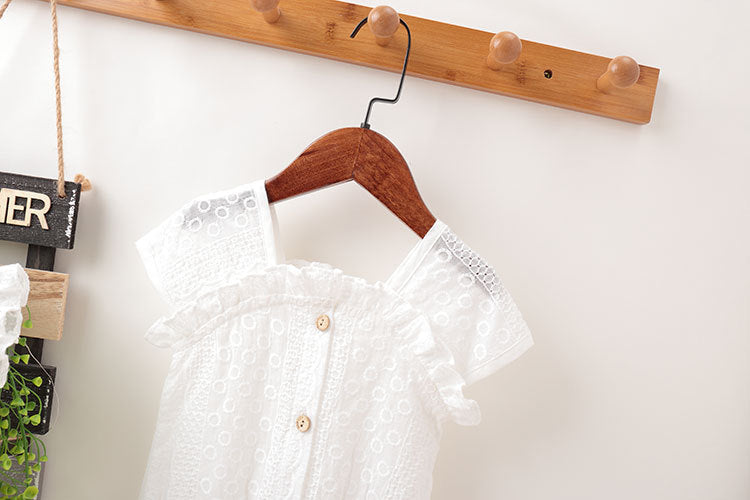 Baby Girl Lace Jacquard Design Solid Color With Lace Innocent And Lovely Onesies In Summer-1