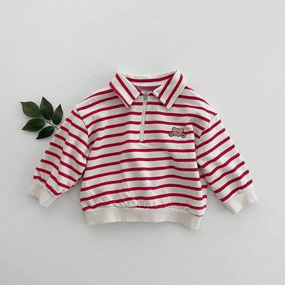 Baby Cute Bear Embroidered &amp; Striped Pattern Polo Neck Cotton Hoodies-1