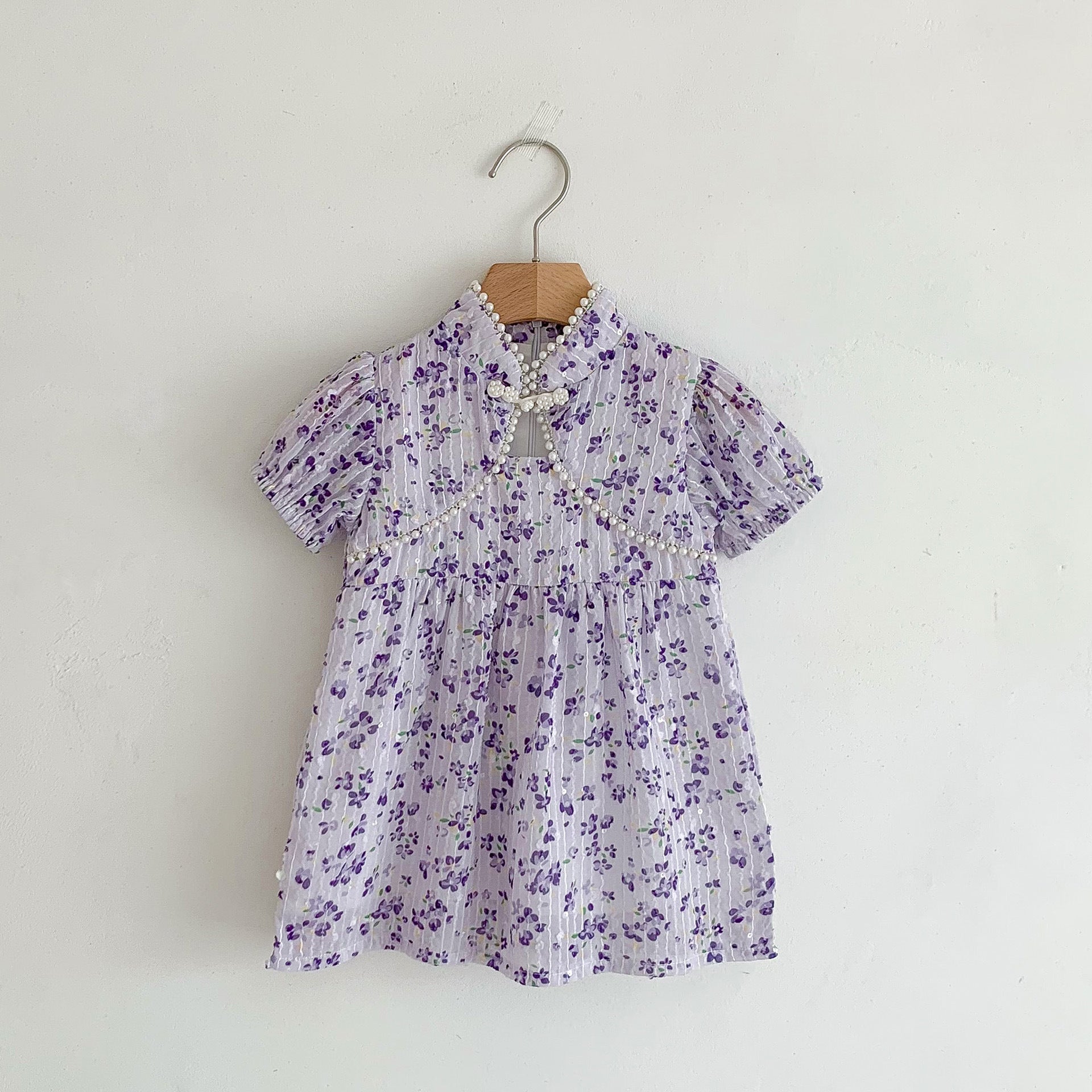 New Arrival Summer Girls Dense Floral Pattern Short Sleeves Beaded Design Dress-1