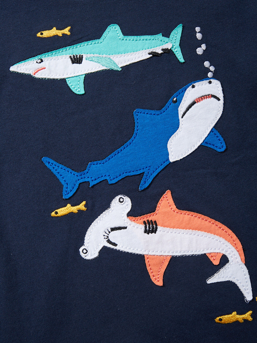 Round Neck Sharks Cartoon Boys’ T-Shirt In European And American Style For Summer-1