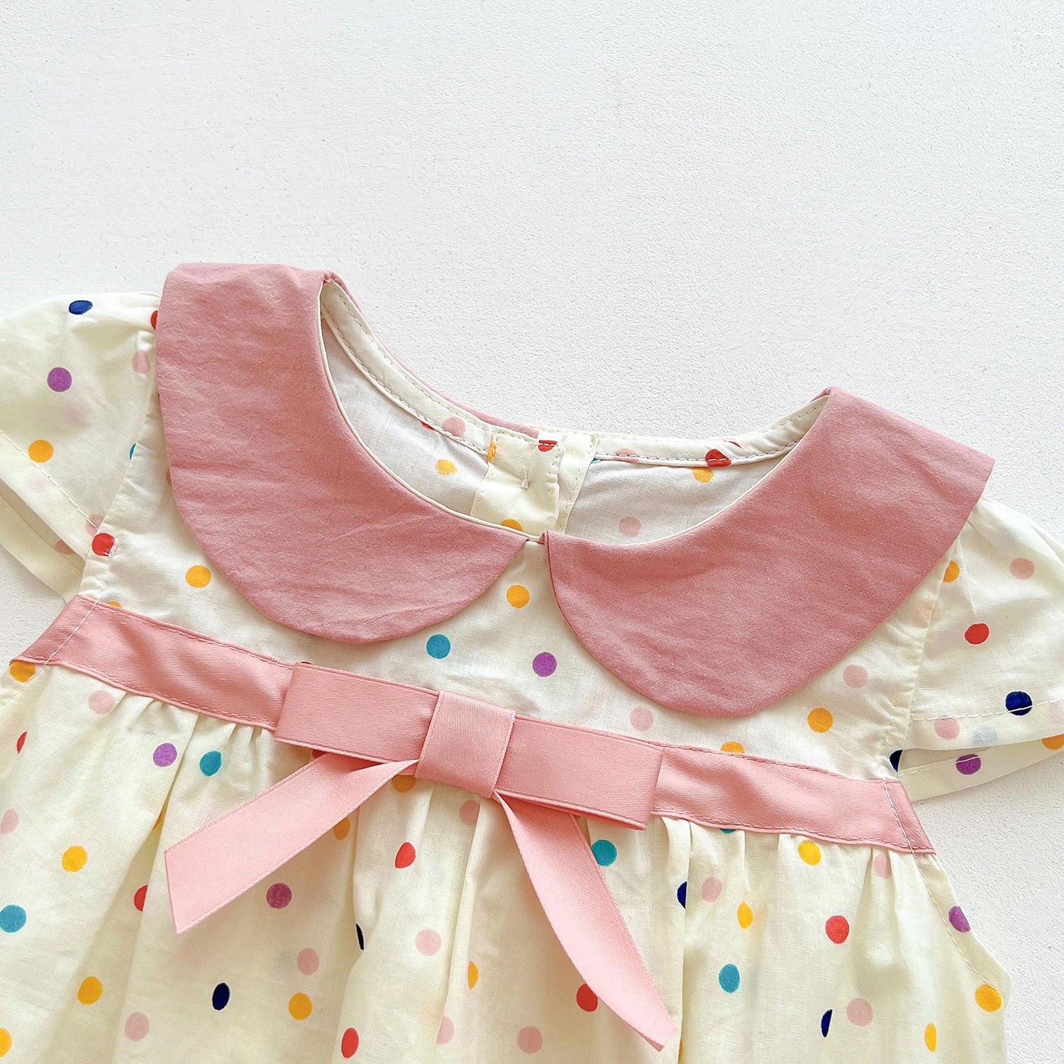 Hot Selling Summer Girls Colorful Dots Pattern Peter Pan Collar Thin Onesies-2