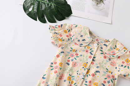 Baby Girl Froral Print Pattern Shirt With Double Collar Design Short Sleeved Onesies-2