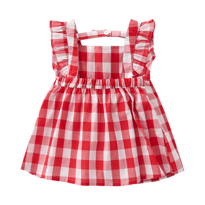 Baby Girls Plaid Print Lace Design Square Collar Sleeveless Dress With Bow Hat In Summer-2