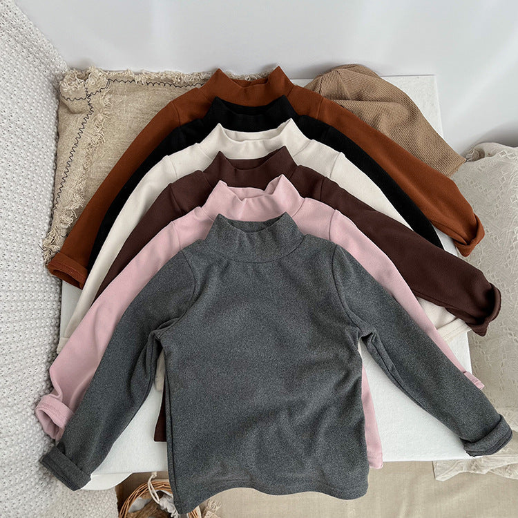 Baby Solid Color High Neck Long Sleeve Pullover Shirt Tops-1