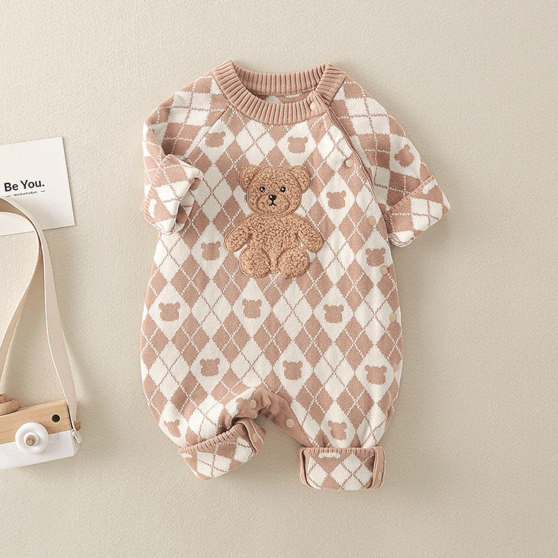 Geometric Pattern Cartoon Bear Patched Design Romper-1