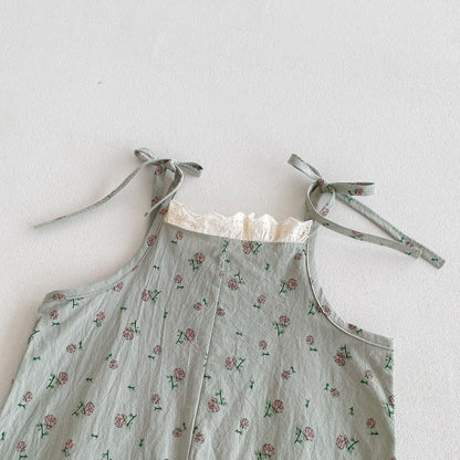 Summer Hot Selling Baby Girls Sleeveless Floral Pattern Strap Romper And Solid Color Embroidery Shirt  Clothing Set-3