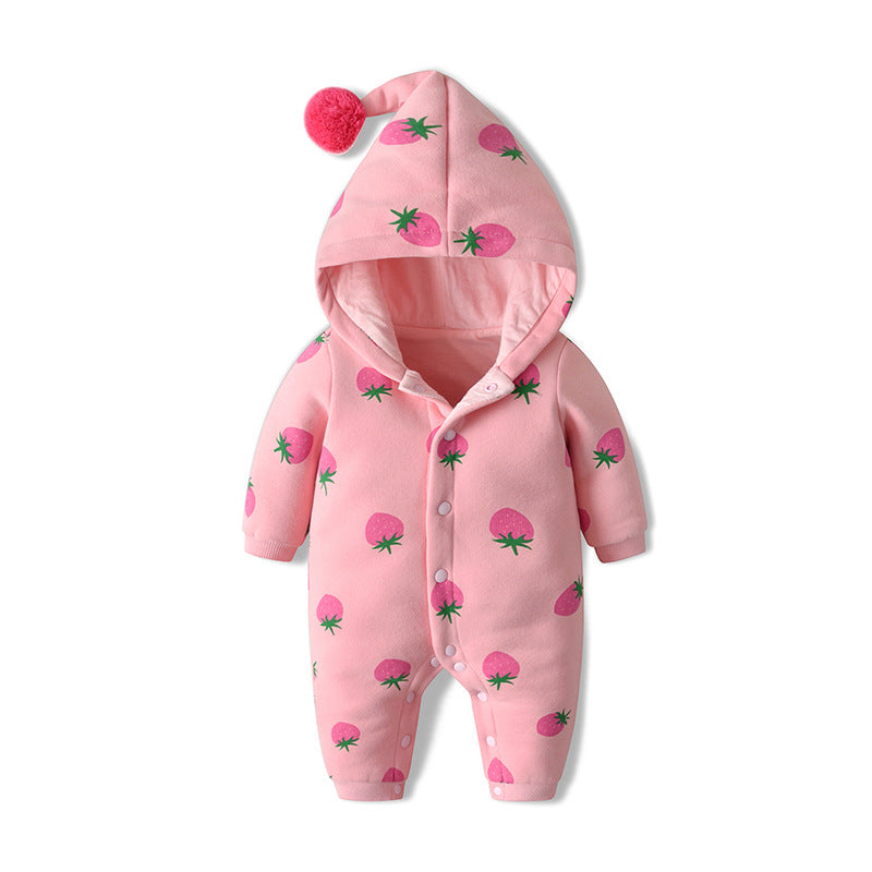 Baby Girl Strawberries Pattern Button Front Double Quilted Romper With Hat-1