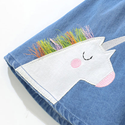 Girls Denim Skirts With Unicorn Rainbow Cartoon Embroidery-2