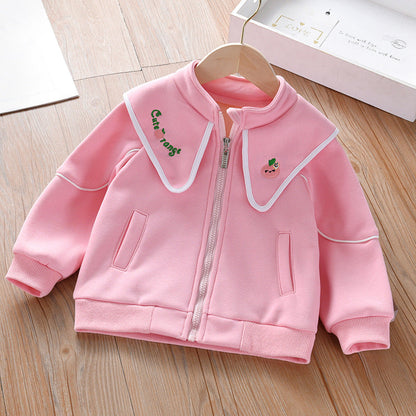 Baby Girl Embroidered Lapel Design Solid Color Quality Coat-1