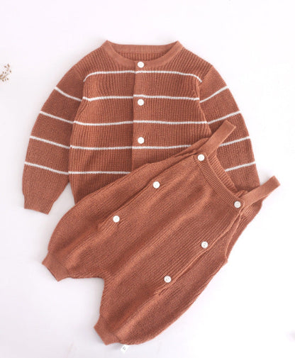 Baby Solid Color Knit Romper Combo Striped Graphic Cardigan Sets-2