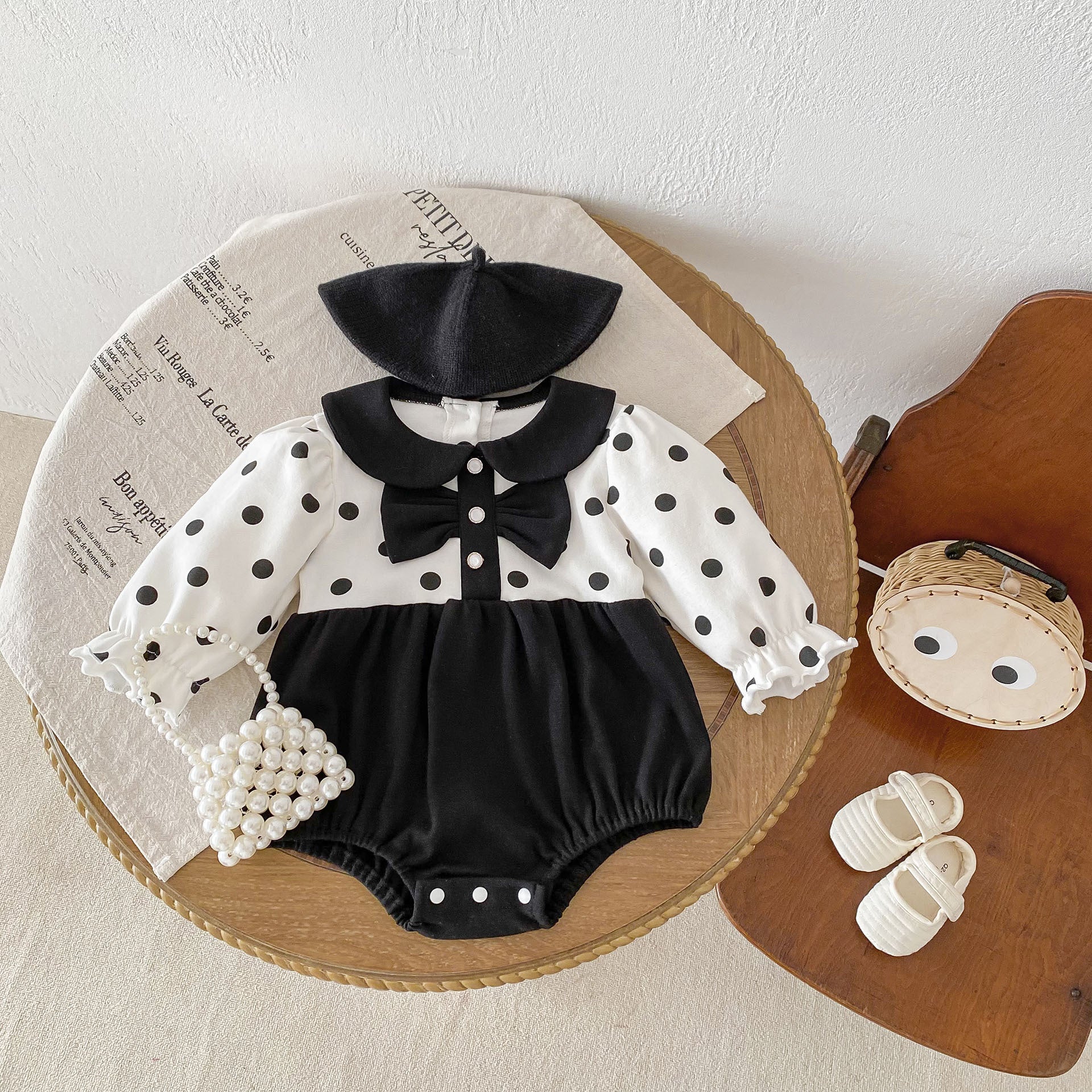 Spring New Design Baby Polka Dots Patchwork Long Sleeves Onesie For Girls-2