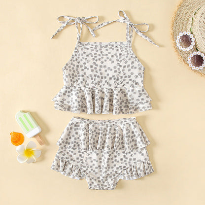 Baby Girl Floral Print Pattern Belt Design Sling Tops Combo Shorts Swimsuit Sets In Summer-2