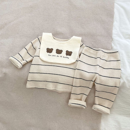 Striped Pattern Pajamas With Removable Drool Towel Sets-1