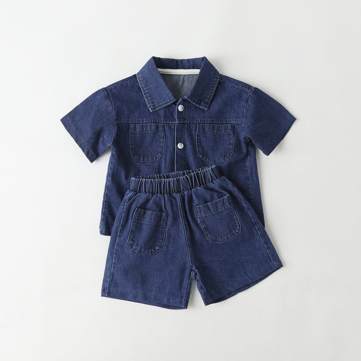 Baby Solid Color Butoon Front Denim Shirt Combo Shorts Sets In Summer-2