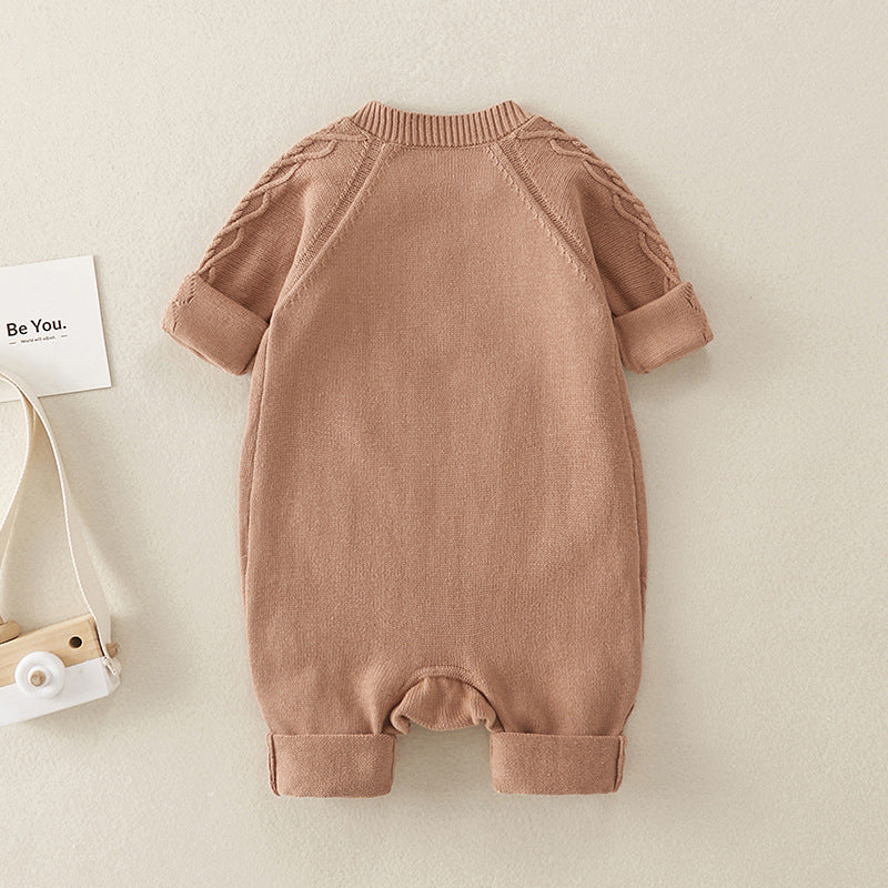 Brown Solid Color Knitted Quality Soft Romper-1