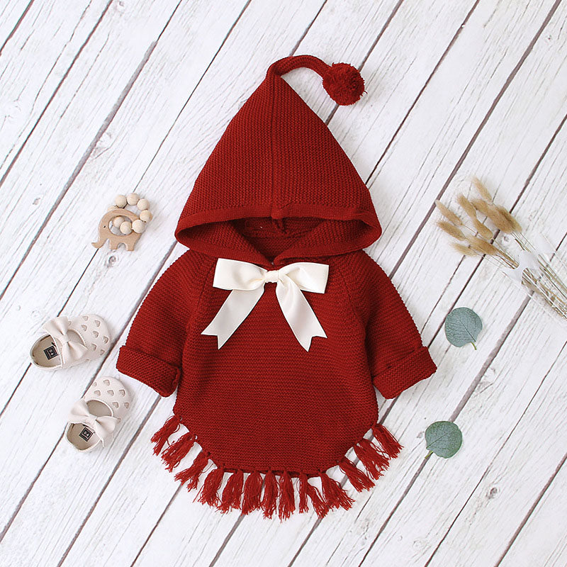 Baby Girl 1pcs Solid Color Big Bow Tie Patched Design Shawl Kniited Hoodies With Hat-2