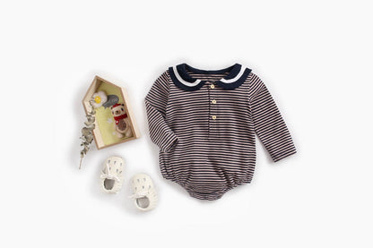 Baby Girl Striped Pattern Sailor Collar Design Fashion Long Sleeves Bodysuit Onesie-2