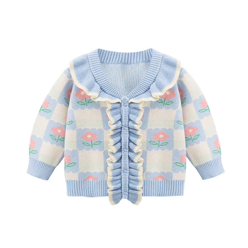 Baby Girl Flower Graphic Mesh Design V-Neck Knit Cardigan-1