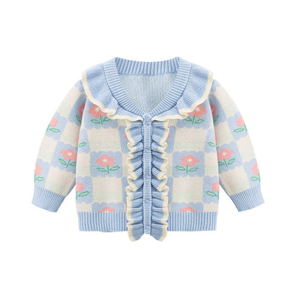 Baby Girl Flower Graphic Mesh Design V-Neck Knit Cardigan-1