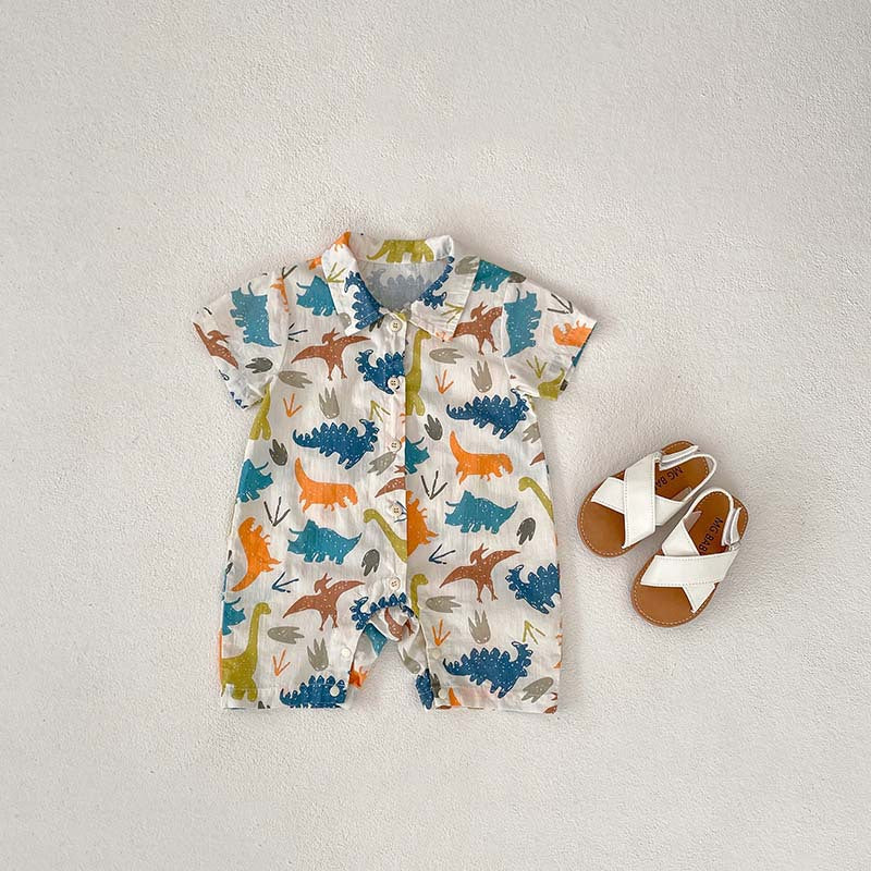 New Design Summer Baby Kids Unisex Cartoon Animals Pattern Turn-Down Collar Short Sleeves Romper-1