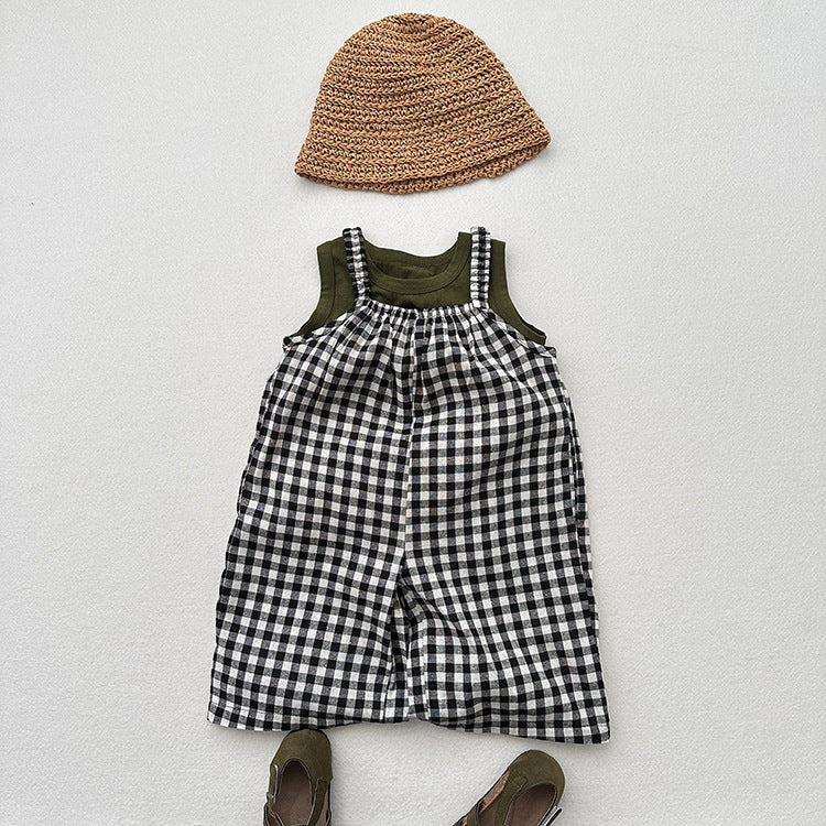 New Arrival Summer Baby Kids Girls Black Plaid Cotton Overalls-2