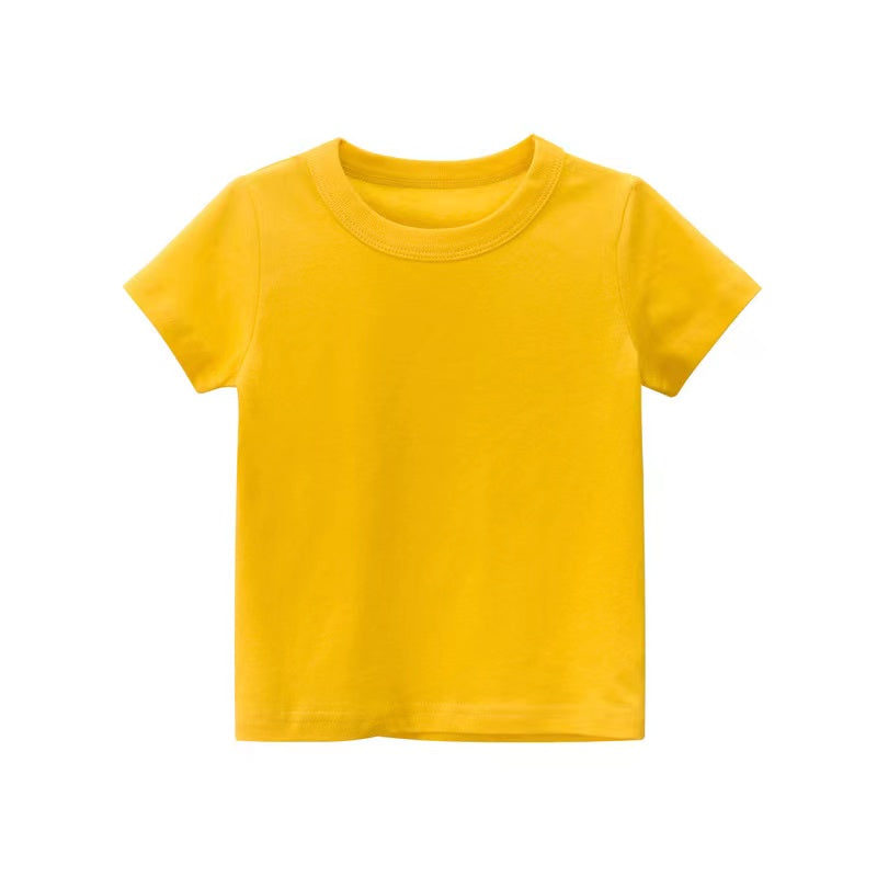 Baby Kids No Pattern Solid Color Short-Sleeved Tops In Summer Outfit Wearing-2