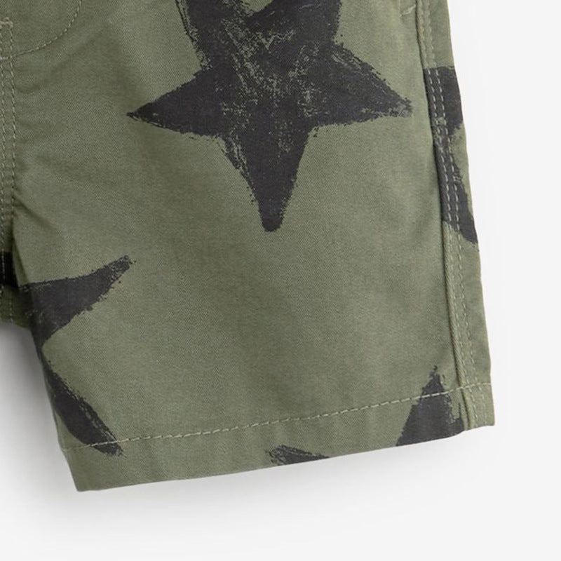 Boys Army Green Soft Casual Stars Print Capri Pants Shorts-2