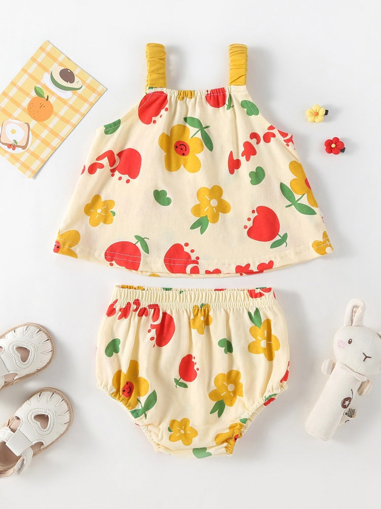 Summer Baby Kids Girls Floral Pattern Sleeveless Strap Top Dress And Bloomers Casual Clothing Set-1