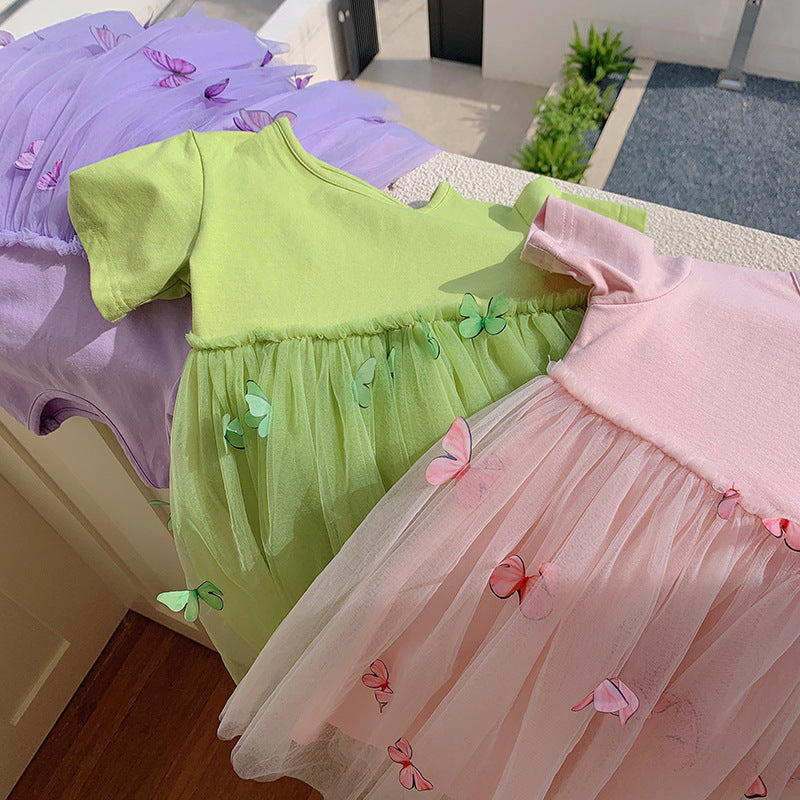 Summer Baby Kids Girls Princess Crew Neck Short Sleeves 3D Butterfly Mesh Patchwork Dress-5