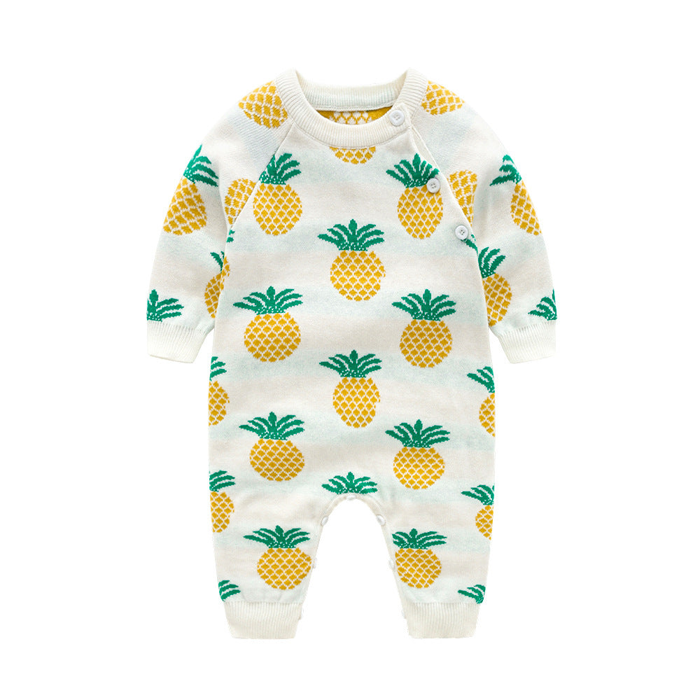 Baby Dinosaur &amp; Pineapple Pattern Shoulder Button Design Knitting Romper Jumpsuit-2