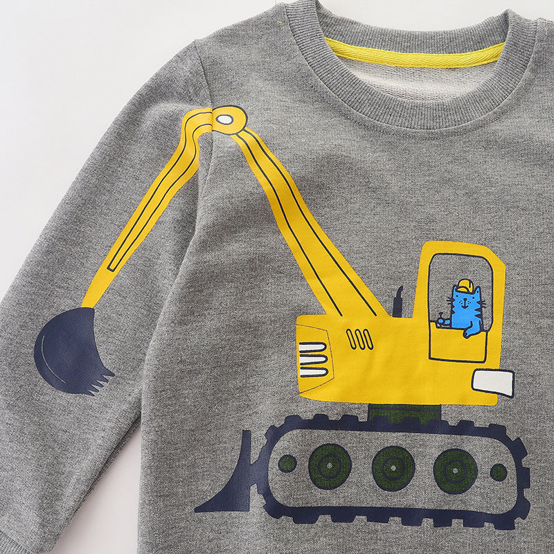 Baby Boy Cat Excavator Print Pattern Grey Hoodie-2