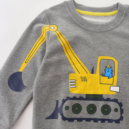 Baby Boy Cat Excavator Print Pattern Grey Hoodie-2