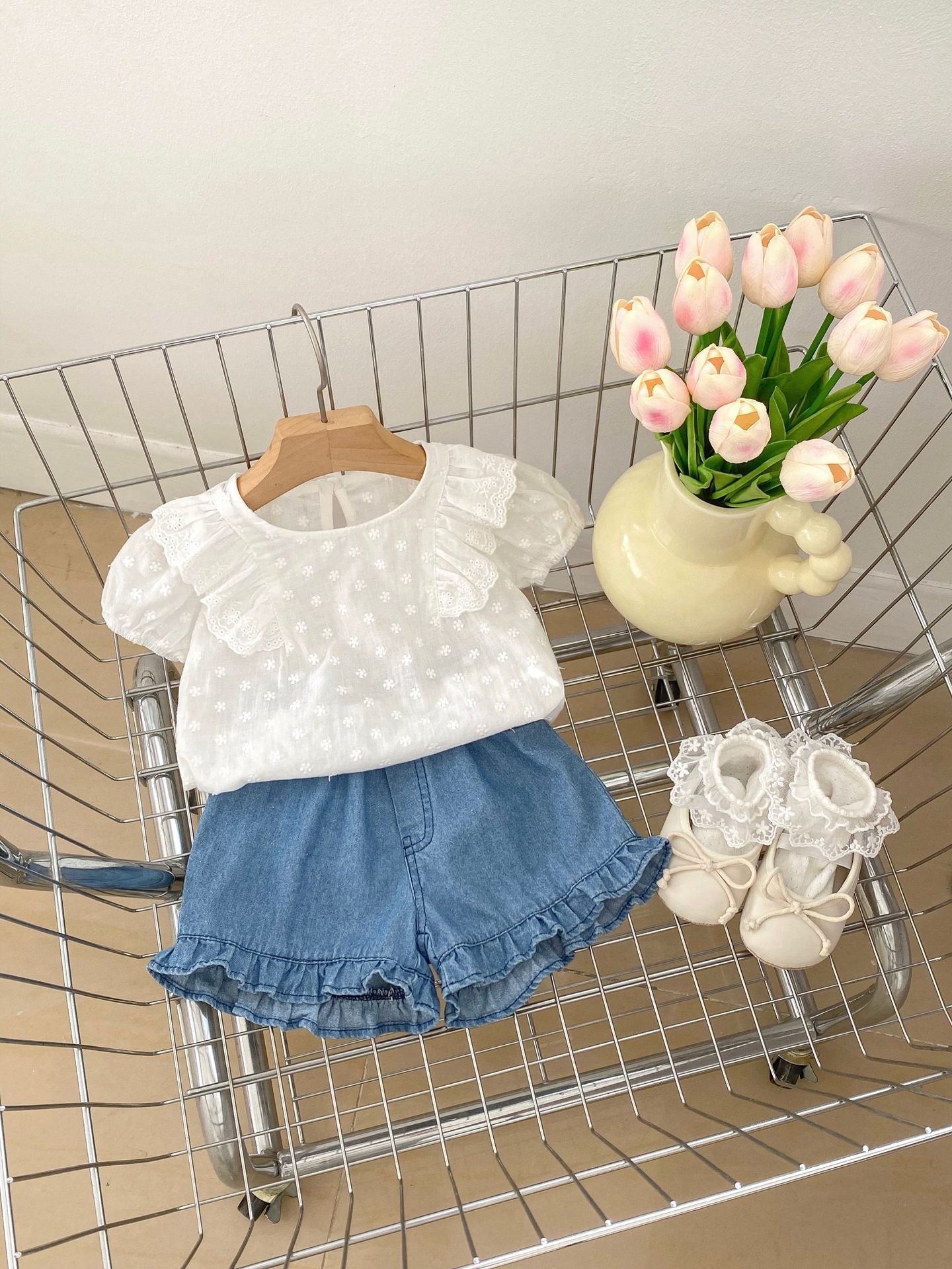 Summer Hot Selling Baby Girls Floral Embroidery Short Sleeves Top And Denim Shorts Clothing Set-1