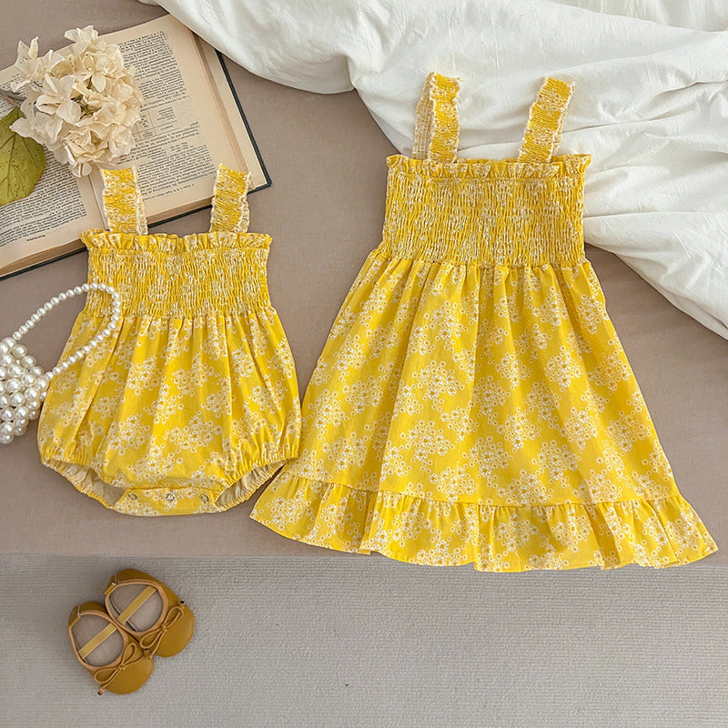 Summer Girls Floral Pattern Sleeveless Off Shoulder Pleated Strap Onesies And Girls’ Dress – Princess Sister Matching Set-4