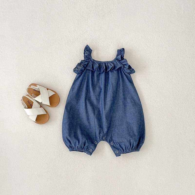 Baby Girl Solid Color Ruffle Design Denim Sleeveless Strap Bodysuit Onesies-2