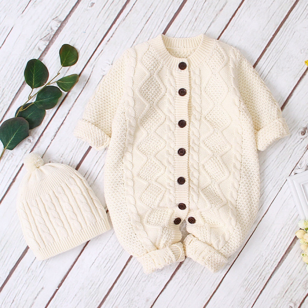 Baby Baby Cable Knitted Pattern Button Front Design Long Sleeve Warm Rompers &amp; Hat-0