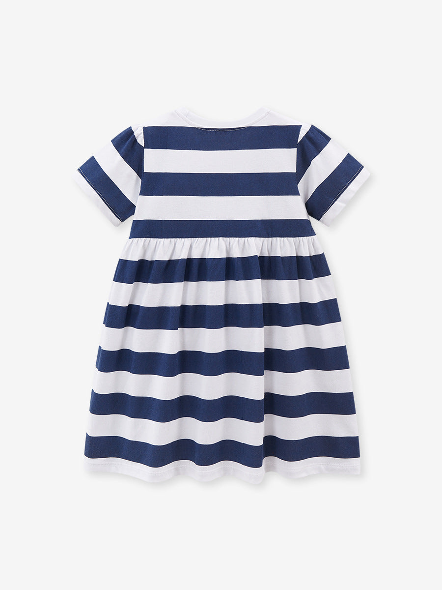 Spring And Summer Baby Girls Navy Blue Striped Floral Short Sleeves Dress-1