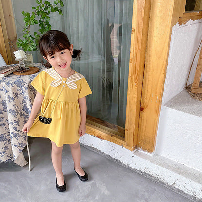 Summer Baby Kids Girls New Design Short Sleeves Preppy Crew Neck Dress-3