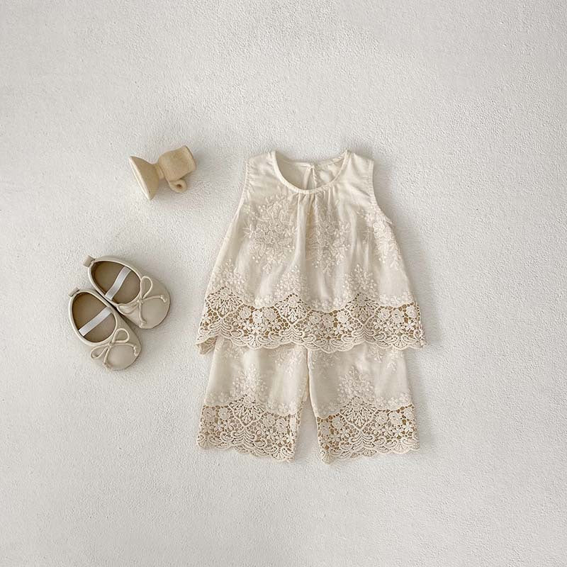 New Design Summer Baby Kids Girls Floral Embroidery And Hollow-Out Pattern Dress And Shorts Clothing Set-2